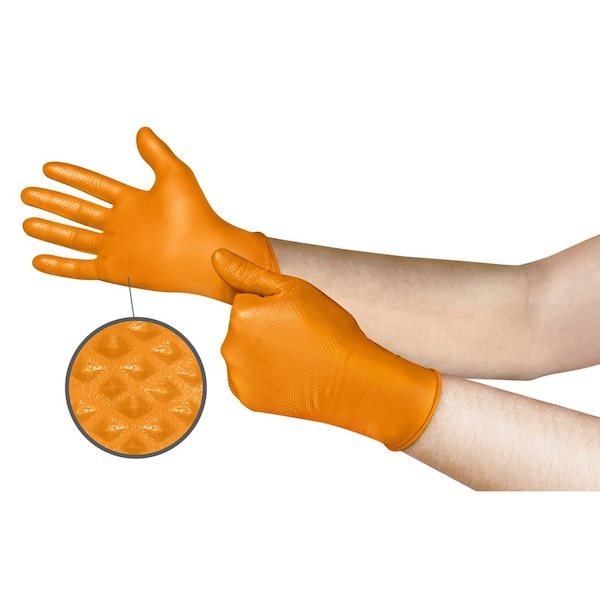 Ansell Mega Texture, Disposable Gloves, 5.1 mil Palm, Nitrile, Powder-Free, L, 100 PK, Orange 93256 - main