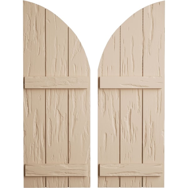 Ekena Millwork Pecky Cypress Joined Board-n-Batten w/Quarter Round Arch Top Faux Wood Shutters, 16.5"W x 64"H SHUBJQ16X64PCPR - main