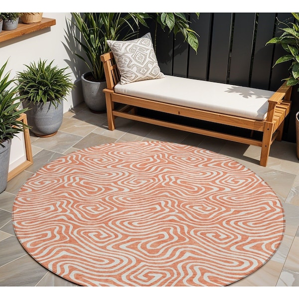 Homeroots 8' Salmon And Ivory Round Abstract Washable Indoor Outdoor Area Rug 599756 - main