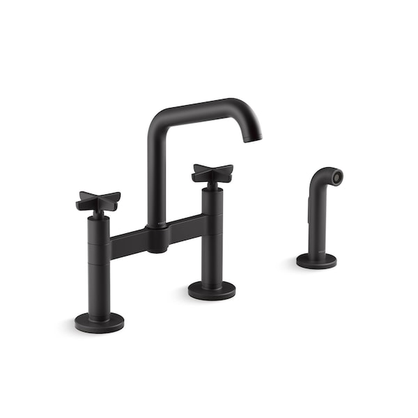 Kohler Billet Two-hole bridge kitchen sink faucet with side sprayer 28665-3-BL - main