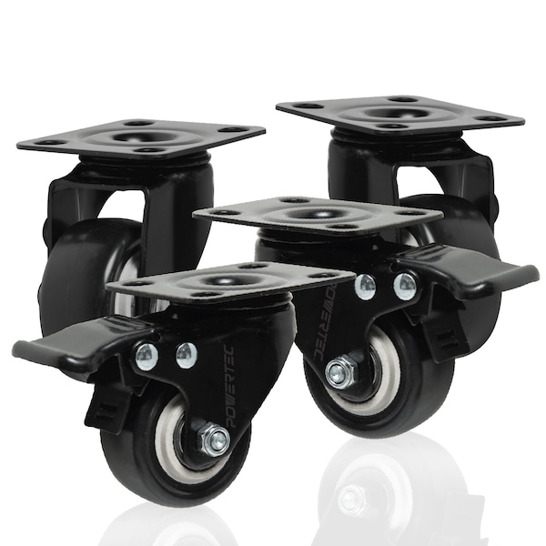 Powertec 2in Caster Wheels Set, 2 w/ Brake, 350 lbs Cap. 360° Swivel, Plate Mounted, PU Castor Wheels 17219 - main
