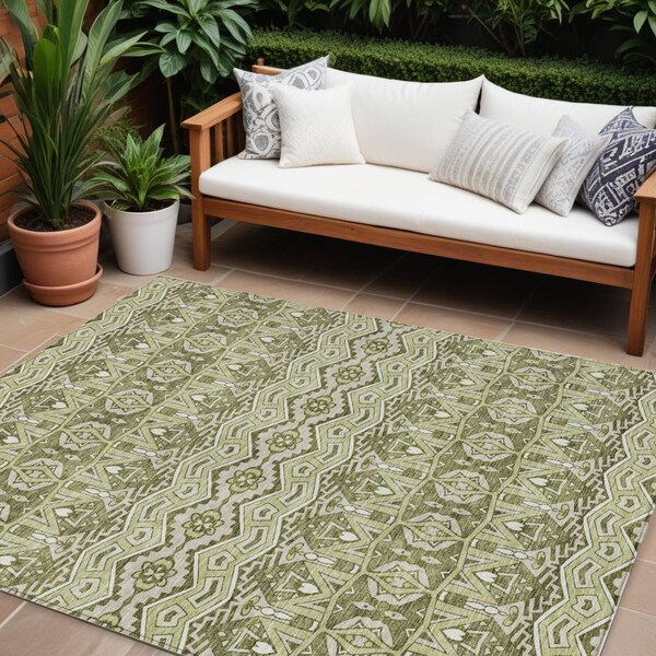 Homeroots 8' X 10' Artichoke Green Gray And Ivory Moroccan Washable Indoor Outdoor Area Rug 594295 - main