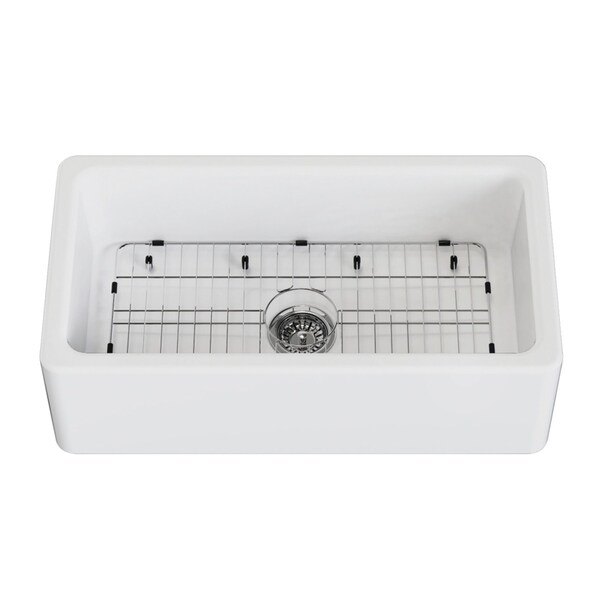 Kingston Brass 33" Fireclay Single Bowl Farmhouse Kitchen Sink with Bottom Grid and Strainer, Matte White KGPF331810EBC - main