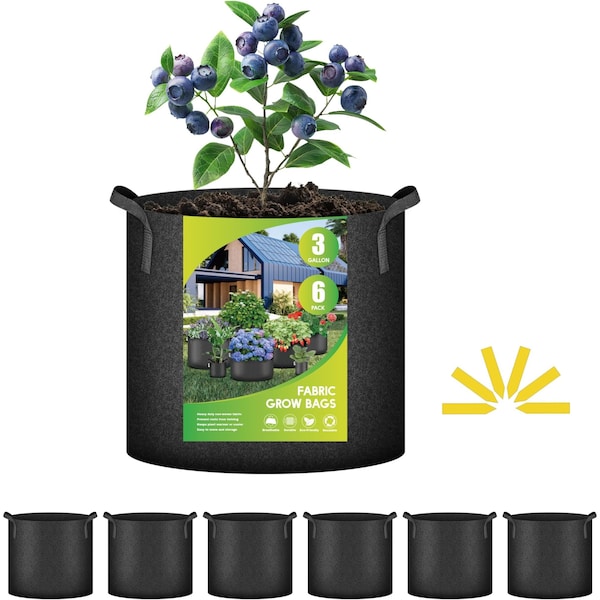 Ipower Plant Grow Bag 3 Gallon Heavy Duty Fabric Pots, 300g Thick Nonwoven, Black 2024 Version, 6PK GLGROWBAG3X6BLK - main