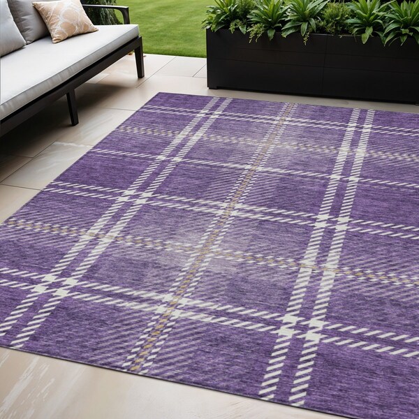Homeroots 5' X 8' Purple Gold And Ivory Plaid Washable Indoor Outdoor Area Rug 596358 - main