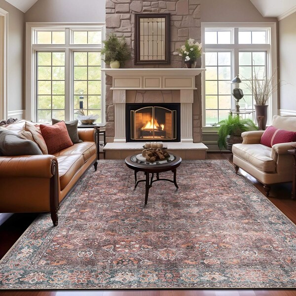 World Rug Gallery Transitional Bordered Vintage Machine Washable Non Slip Area Rug 9 ft x 12 ft Multi 6026MULTI9X12 - main
