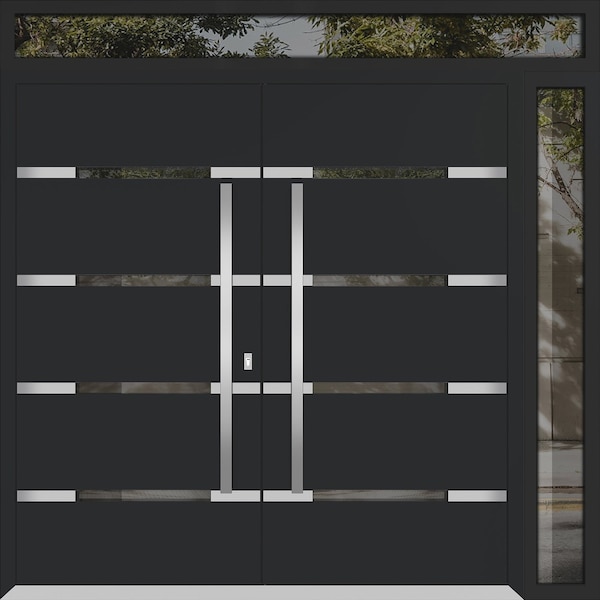 Vdomdoors Metal Double Doors Deux 1105 Black Enamel Mirrored Clear Glass 1 Sidelight and Top Transom Entry Mo DEUX1105DEXD-BLK-W72+14xH80+16-LH-O - main