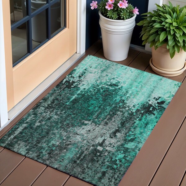 Homeroots 3' X 5' Teal Blue Aqua And Gray Abstract Washable Indoor Outdoor Area Rug 577247 - main