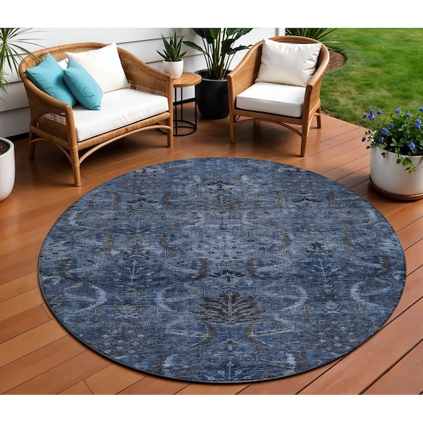 Homeroots 8' Navy Blue And Charcoal Round Damask Washable Indoor Outdoor Area Rug 603325 - main