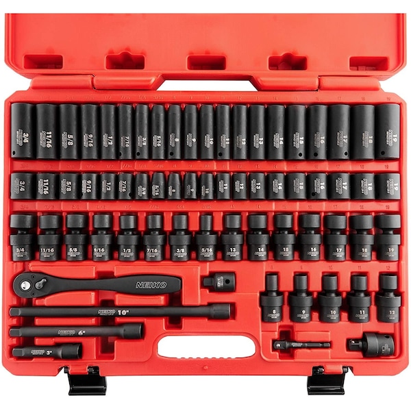 Neiko 0.375 in Dr. Impact Socket Set, Metric and SAE, Shallow & Deep, Swivel Sockets 02471A - main