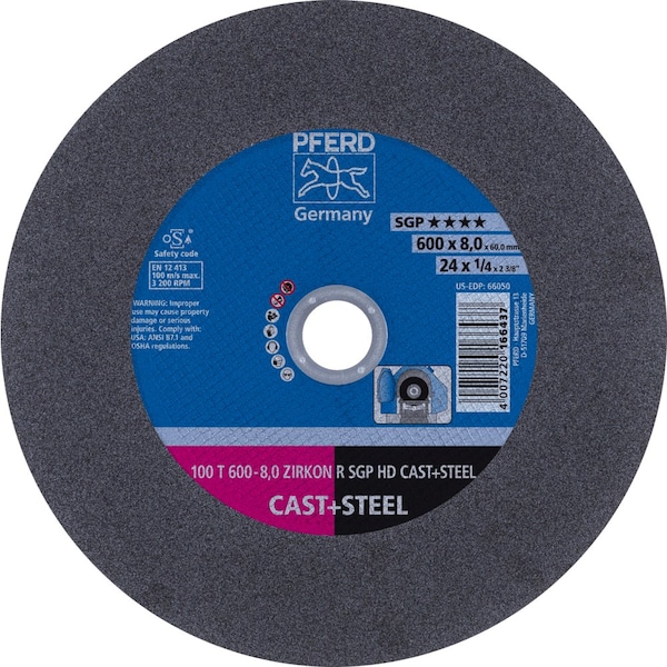 Pferd Large Diameter Cut-off Wheel, 24 in Dia, 1/4 in Thick, 2-3/8 in Arbor Hole Size, Zirconia Alumina 66050 - main