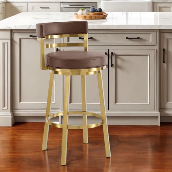 Homeroots 26" Coffee and Gold Faux Leather and Stainless Steel Low Back Counter Height Swivel Bar Chair 569166 - main