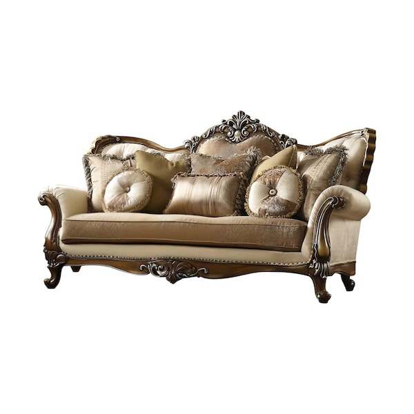 Homeroots 89" Tan Polyester Blend Curved Floral Sofa And Toss Pillows With Brown Legs 348230 - main