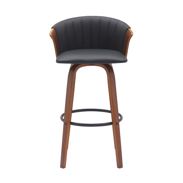 Homeroots 30" Black And Wood Brown Faux Leather Swivel Bar Height Bar Chair 534423 - main