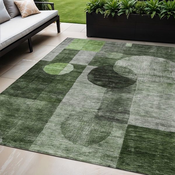 Homeroots 5' X 8' Fern Green And Gray Geometric Washable Indoor Outdoor Area Rug 604319 - main