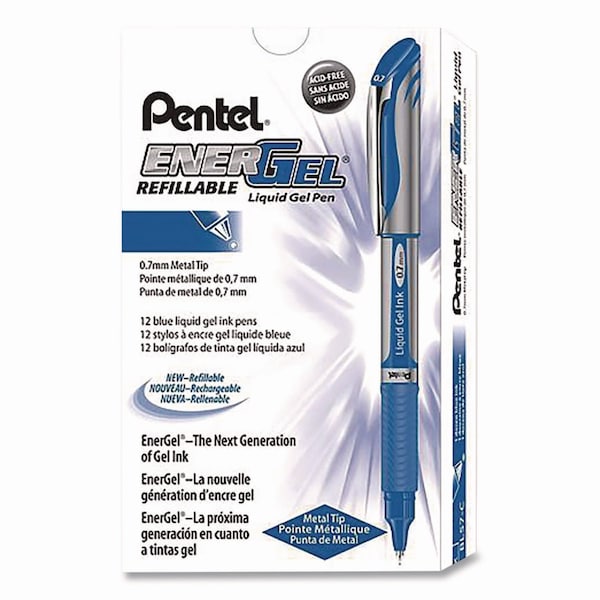 Pentel EnerGel Deluxe Gel Pen, Stick, Medium 0.7 mm, Blue Ink, Silver/Blue Barrel, 12PK BL57C - main