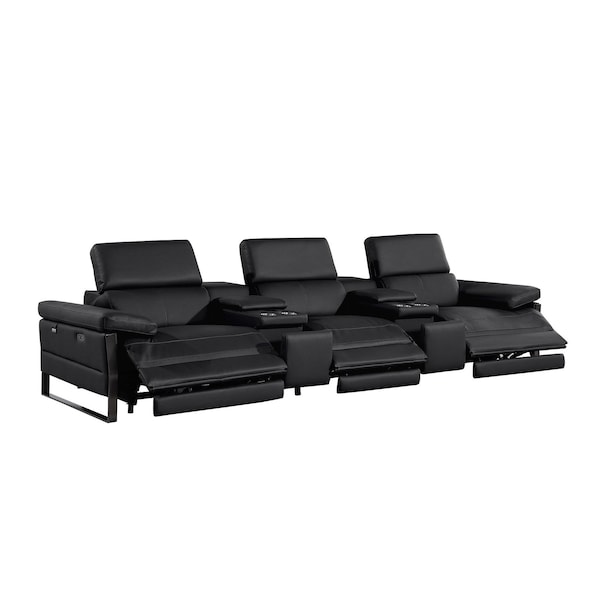 Homeroots 129" Black Top Grain Leather Reclining Metal USB Sofa 720342 - main