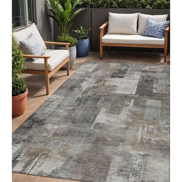 Homeroots 5' X 8' Pewter Khaki And Charcoal Abstract Washable Indoor Outdoor Area Rug 630784 - main