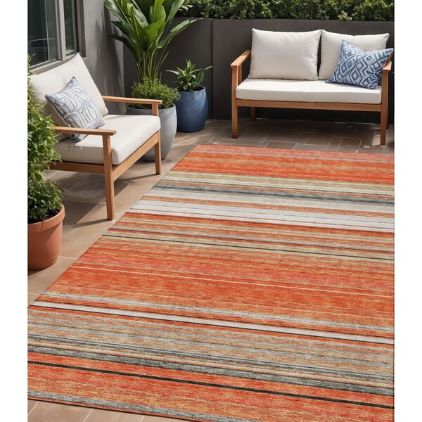 Homeroots 5' X 8' Coral Ivory And Gray Striped Washable Indoor Outdoor Area Rug 614804 - main