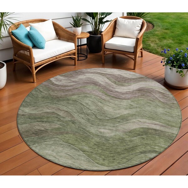 Homeroots 8' Green And Taupe Round Abstract Washable Indoor Outdoor Area Rug 618168 - main