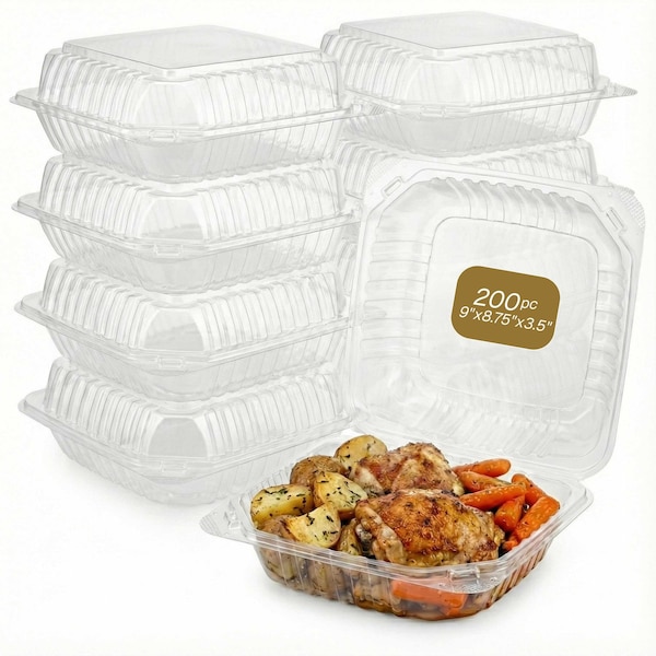 Eco Harmony Products Clear Hinged Food Storage Container, Polystyrene, Tall, 9" x 8.75", 200PK 804632 - main