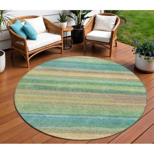Homeroots 8' Artichoke Green Peach And Teal Blue Round Striped Washable Indoor Outdoor Area Rug 631193 - main