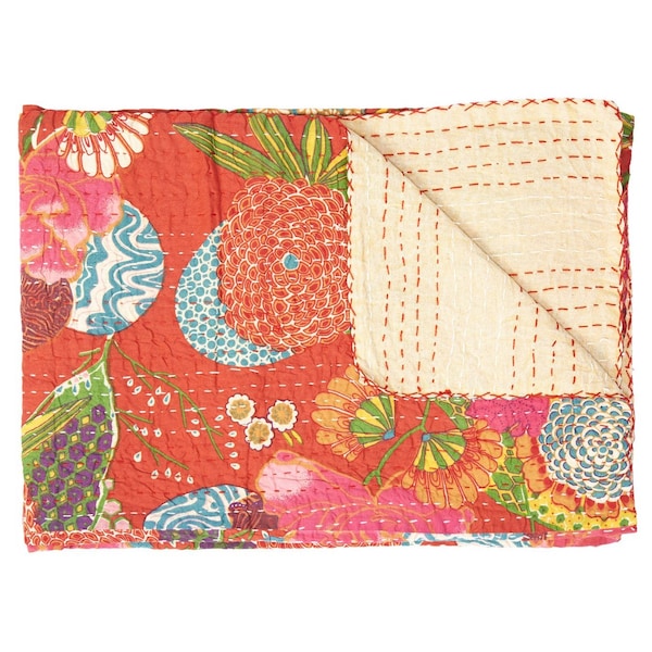Homeroots 50" X 70" Blue Green And Red Floral Cotton Quilted Kantha Throw Blanket with Embroidery 544522 - main