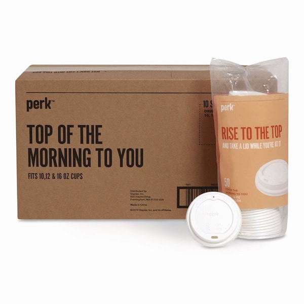 Perk Plastic Hot Cup Lids, Fits 10 oz to 16 oz Hot Cups, White, 500PK PK54369CT - main