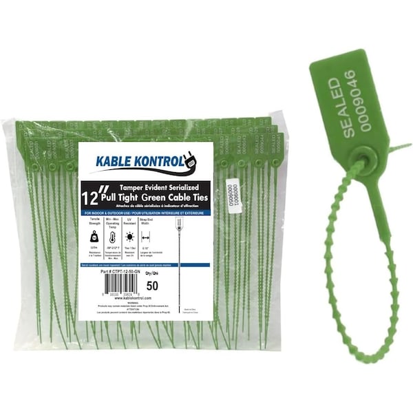 Kable Kontrol Pull Tight Cable Zip Tie Seals, Numbered Tamper Evident, 12in L, 50 Lbs Strength, Green, 50PK CTPT-12-50-GN - main