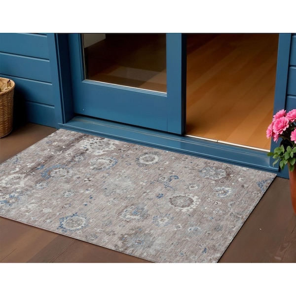 Homeroots 3' X 5' Taupe And Brown Floral Washable Indoor Outdoor Area Rug 609522 - main