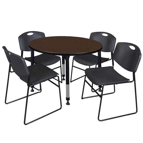 Regency Round Kee Adjustable Classroom Table W/ 4 Zeng Stack Chairs, 36 in W, 36 in L, Neo Walnut TB36RNDNWAPBK44BK - main