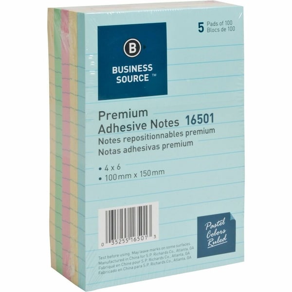 Business Source Ruled Adhesive Notes, Pastel, 5PK BSN16501 - main