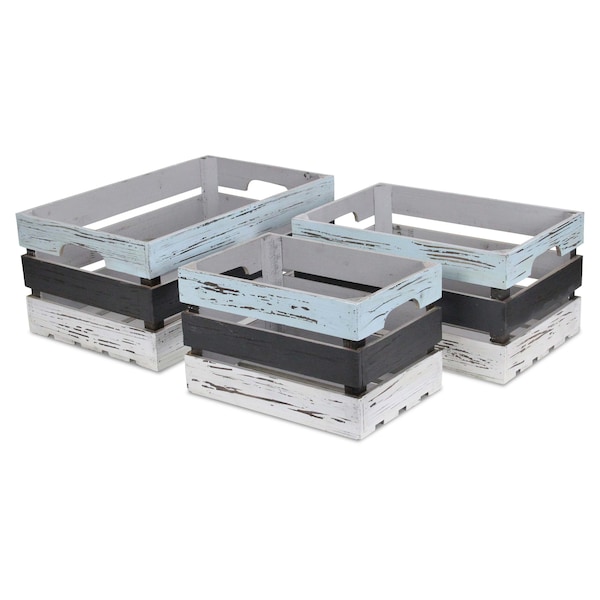 Homeroots Set of Three Black Light Blue And Off White Solid Wood Crate, 3PK 487705 - main