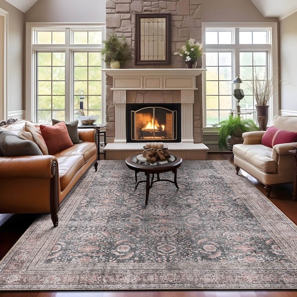 World Rug Gallery Vintage Inspired Machine Washable Non Slip Area Rug 10 ft x 14 ft Charcoal 6029CHARCOAL10X14 - main