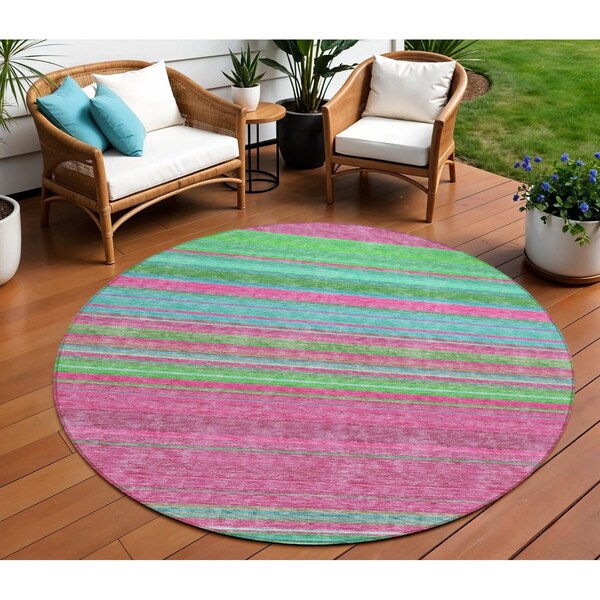Homeroots 8' Blush Lime Green And Teal Blue Round Striped Washable Indoor Outdoor Area Rug 614799 - main