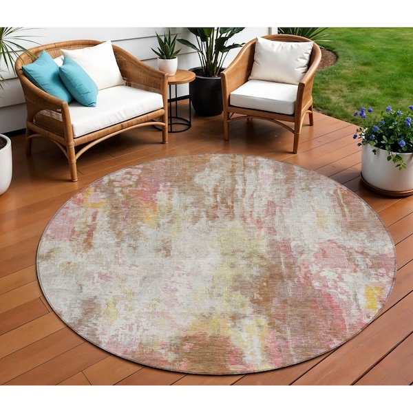 Homeroots 8' Tan Mauve And Ivory Round Abstract Washable Indoor Outdoor Area Rug 615880 - main