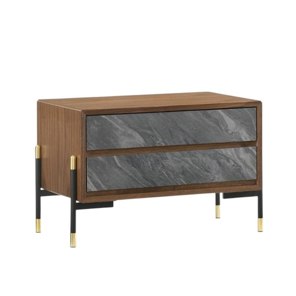 Homeroots Mid Century Walnut and Gray Faux Marble Two Drawer Nightstand 473038 - main