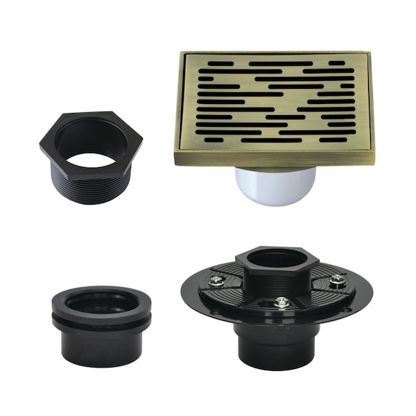 Kingston Brass 4" Brass Square Grid Shower Drain with Hair Strainer and Base Flange, Antique Brass BSFK6310AB - main