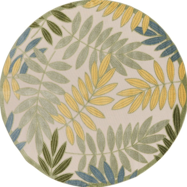 Homeroots 5' Green Yellow And Ivory Round Palm Leaf Indoor Outdoor Area Rug 548137 - main