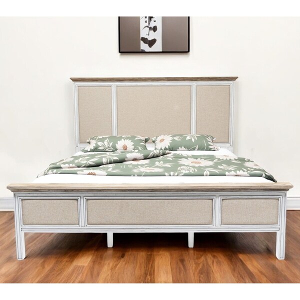 Homeroots White and Beige Shiplap Texture Distressed Solid Wood And Linen King Bed Frame 571388 - main