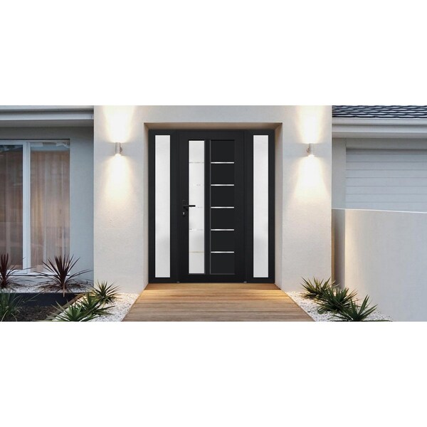 Vdomdoors Front Exterior Prehung FiberGlass Door Frosted Glass / Manux 8088 Matte Black / 2 Sidelight Exterio MANUX8088EXD-BLK-W12+30+12 x H80-RH - main