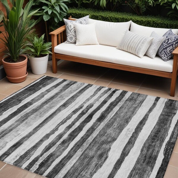 Homeroots 8' X 10' Charcoal And Gray Striped Washable Indoor Outdoor Area Rug 605894 - main
