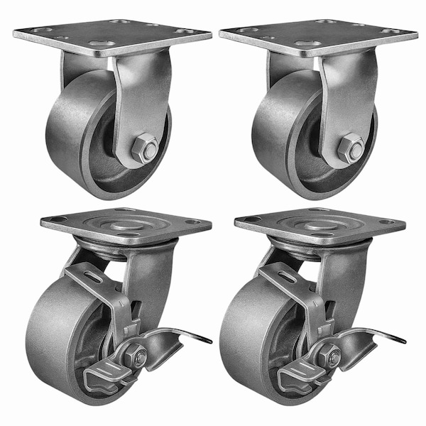 Hyw Products Heavy Duty Caster Set 4in Steel Wheels, 2 Rigid & 2 Swivel with Brake, 4PK 40-40R-A1-SS-2,40-40S-A1-SS-TB-2 - main