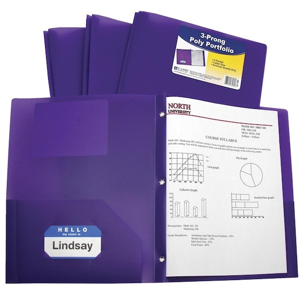 C-Line Products C-Line Products Two-Pocket Heavyweight Poly Portfolio Folder w/Prongs, Purple, 25PK 1597284 - main