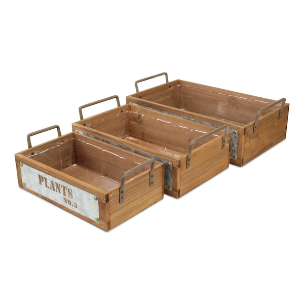 Homeroots Set of Three Brown Solid Wood And Metal Crate, 3PK 487678 - main