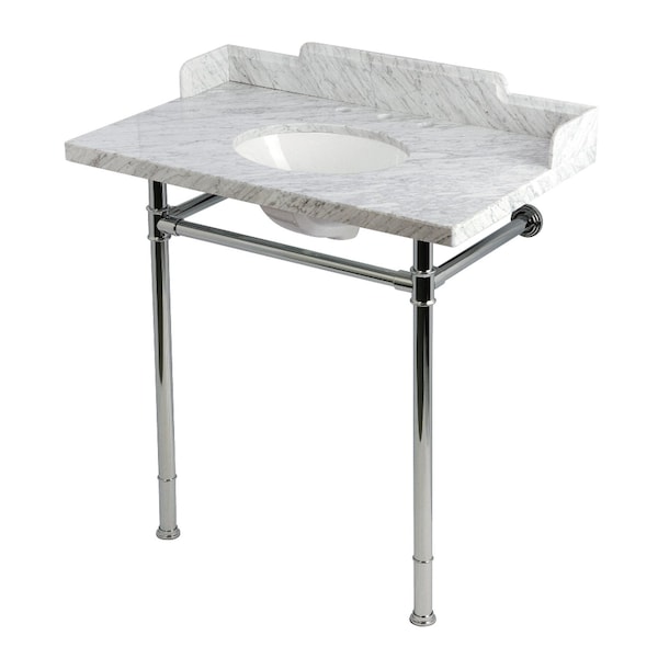 Kingston Brass 36-Inch Carrara Marble Console Sink with Stainless Steel Legs, 8-Inch, 3-Hole KMS36228M81 - main