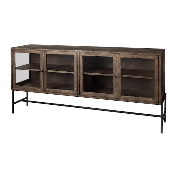 Homeroots 70in Black And Brown Solid Wood Sideboard Soft Close with Four Glass Doors 611015 - main