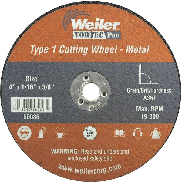 Weiler Vortec Type 1 4'' x 1/16'' x 3/8'' Metal/Plastic Cut-Off Wheel 36540 - main