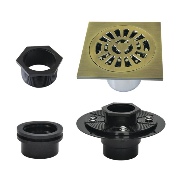 Kingston Brass 4" Brass Square Grid Shower Drain with Flange, Antique Brass BSFK4267AB - main