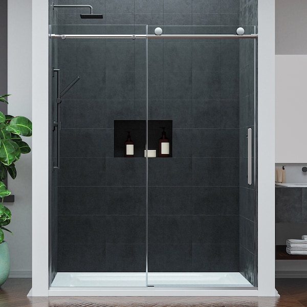 Anzzi 60in Reversible Frameless Sliding Deco-Glass Shower Door w/ Soft-Close System Brushed Nickel Finish SD-AZ20-02BN - main